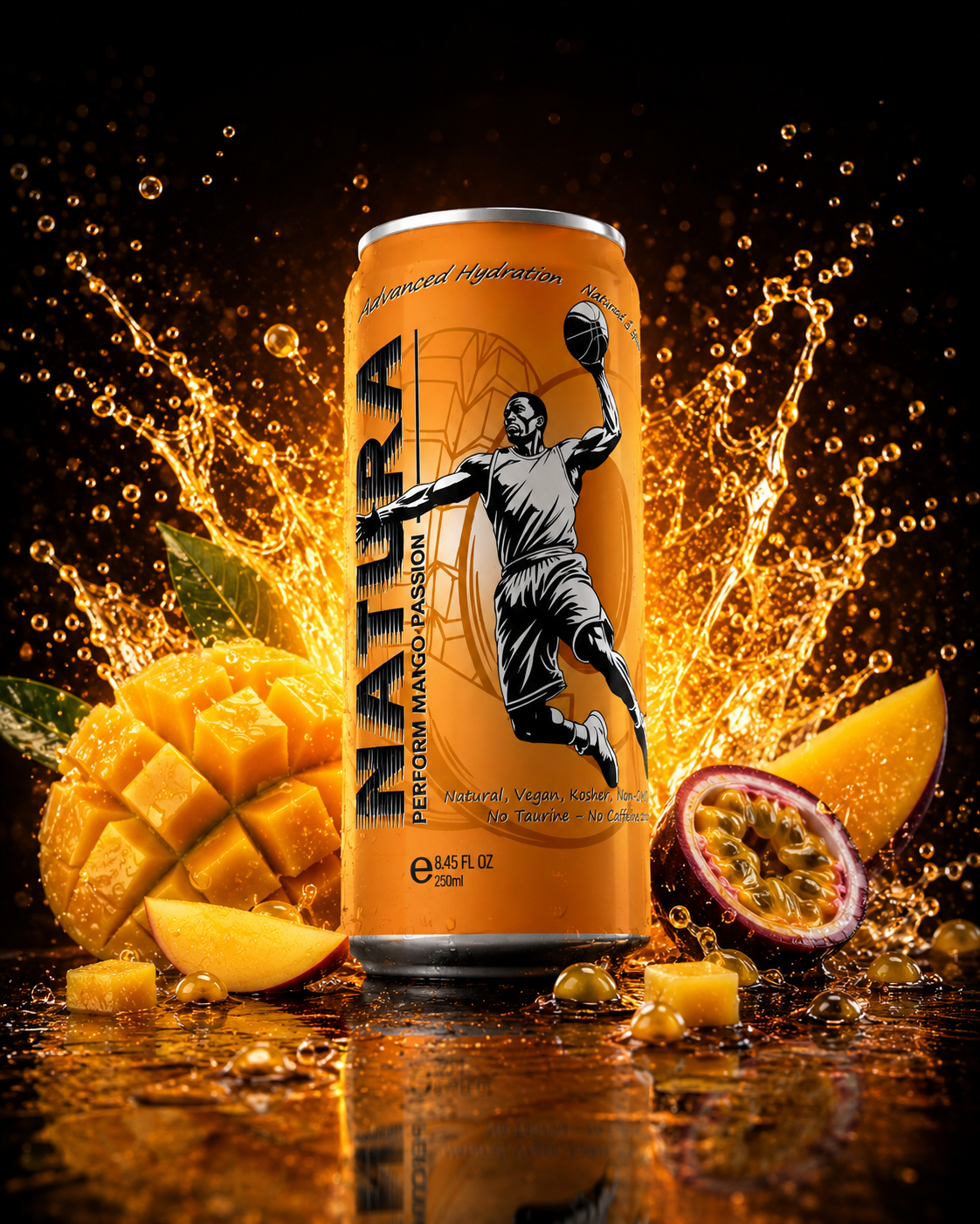 NATURA Perform Mango Passion can with fruit and water splashes
