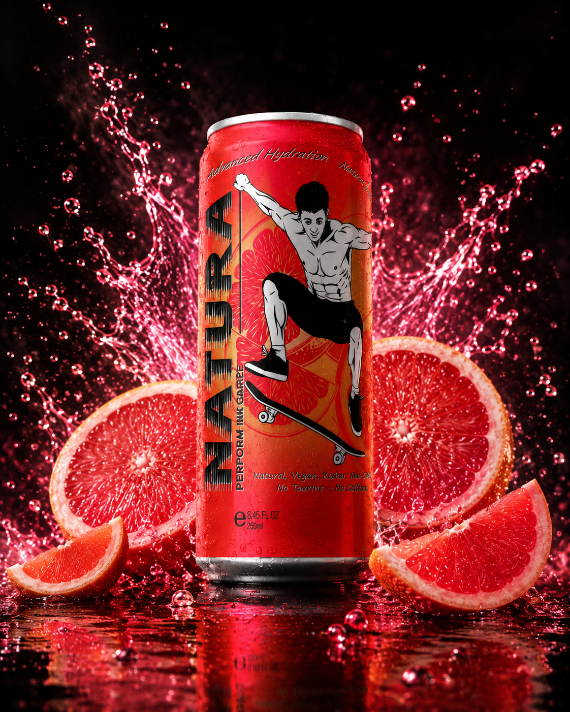 NATURA Perform Pink Grapefruit can with pink grapefruit and water splashes