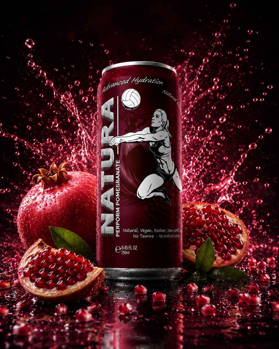 NATURA Perform Pomegranate can with pomegranate fruit and water splashes